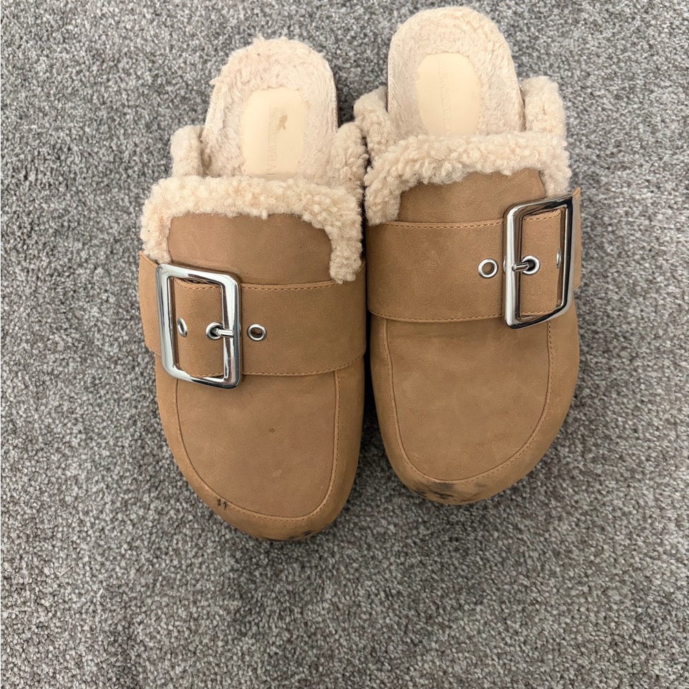 WeWoreWhat Tan Mules with Silver Buckle